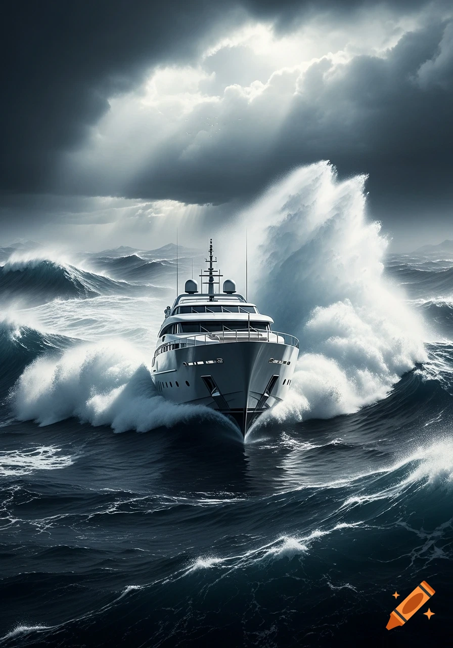 A white luxury yacht navigates through enormous crashing waves in a dark, stormy ocean under a dramatic, cloudy sky with sun rays breaking through.