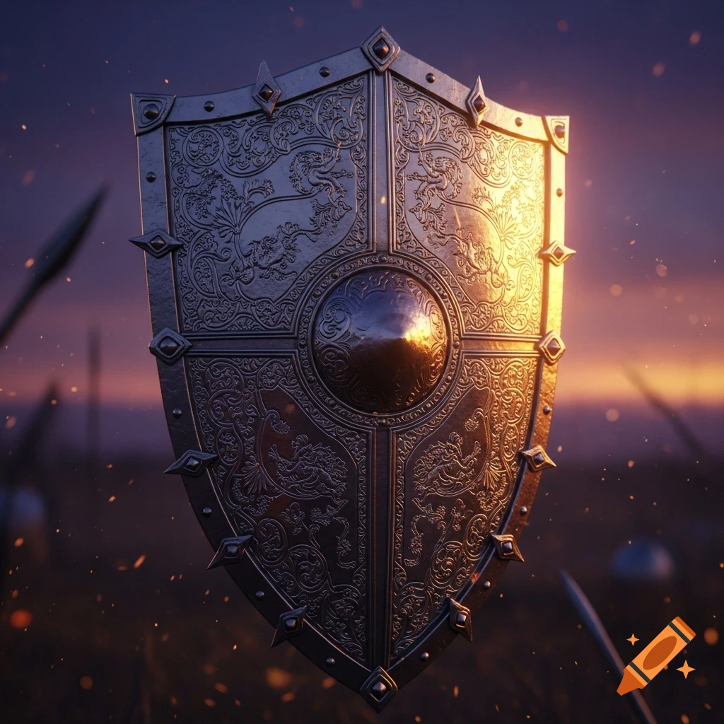 A detailed, ornate shield with intricate patterns stands on a battlefield at sunset, with spears and glowing particles in the blurry background.