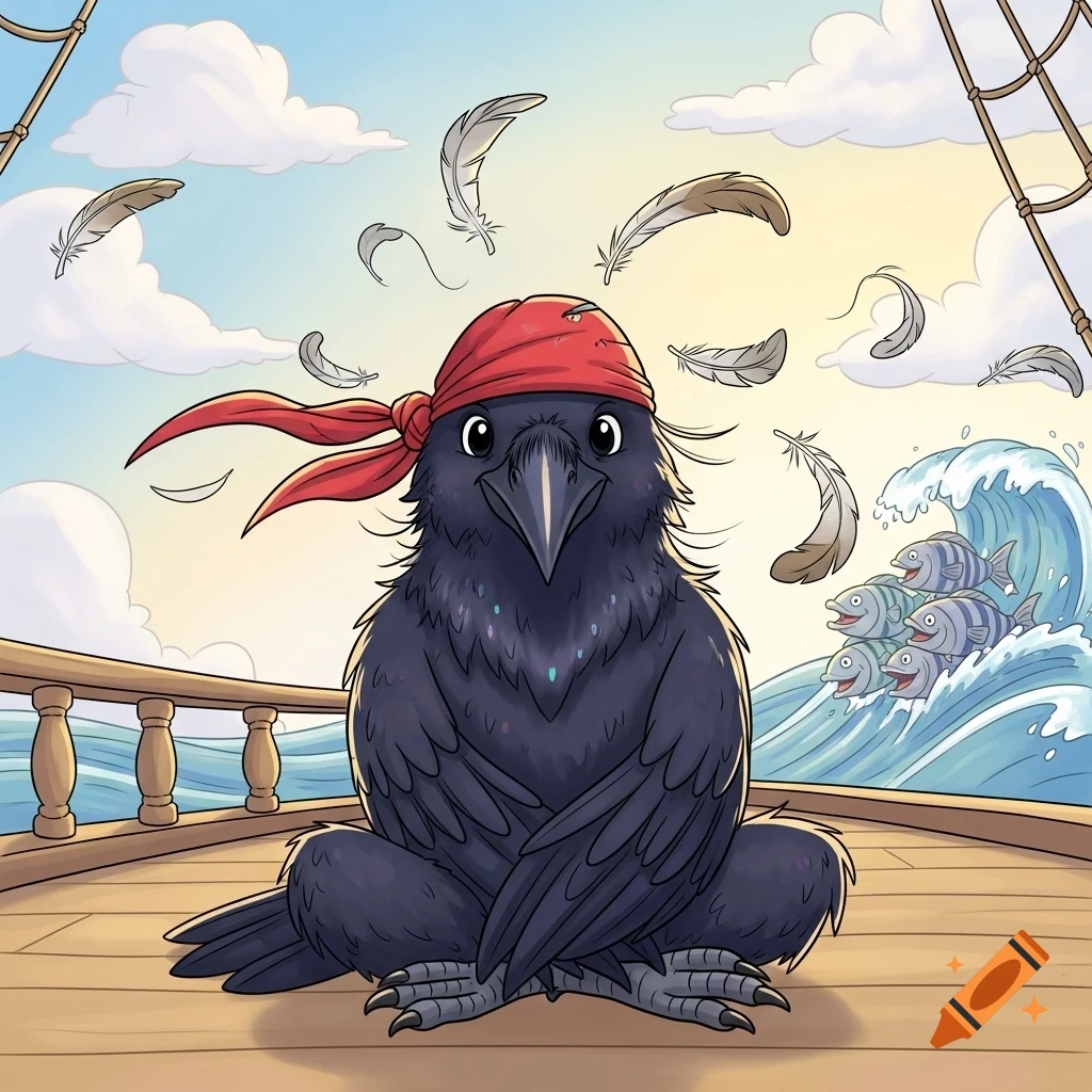 A cartoon pirate crow with a red bandana sits cross-legged on a ship's deck, with feathers floating around and fish jumping in ocean waves.