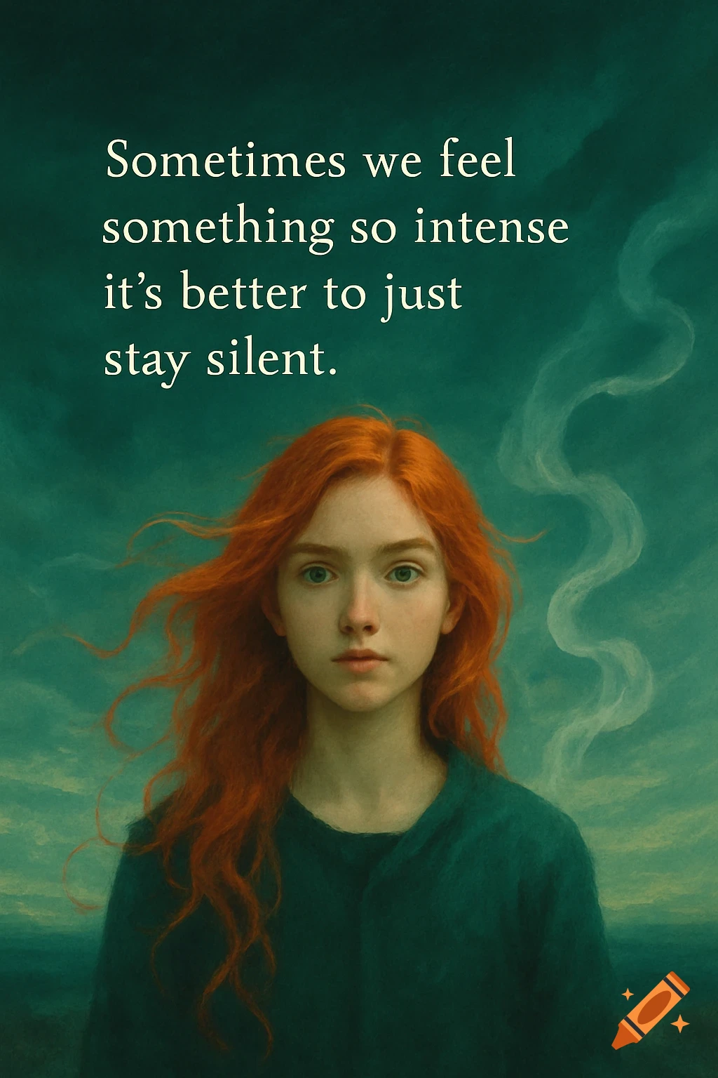 A portrait of a young woman with long red hair, green eyes, and a thoughtful expression, with a quote above her on a teal, cloudy background.