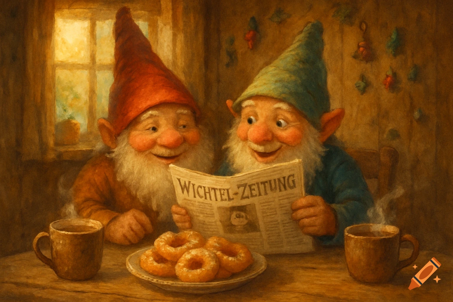 Two smiling gnomes in pointed hats read a newspaper at a cozy breakfast table with mugs and doughnuts, in a painterly style.