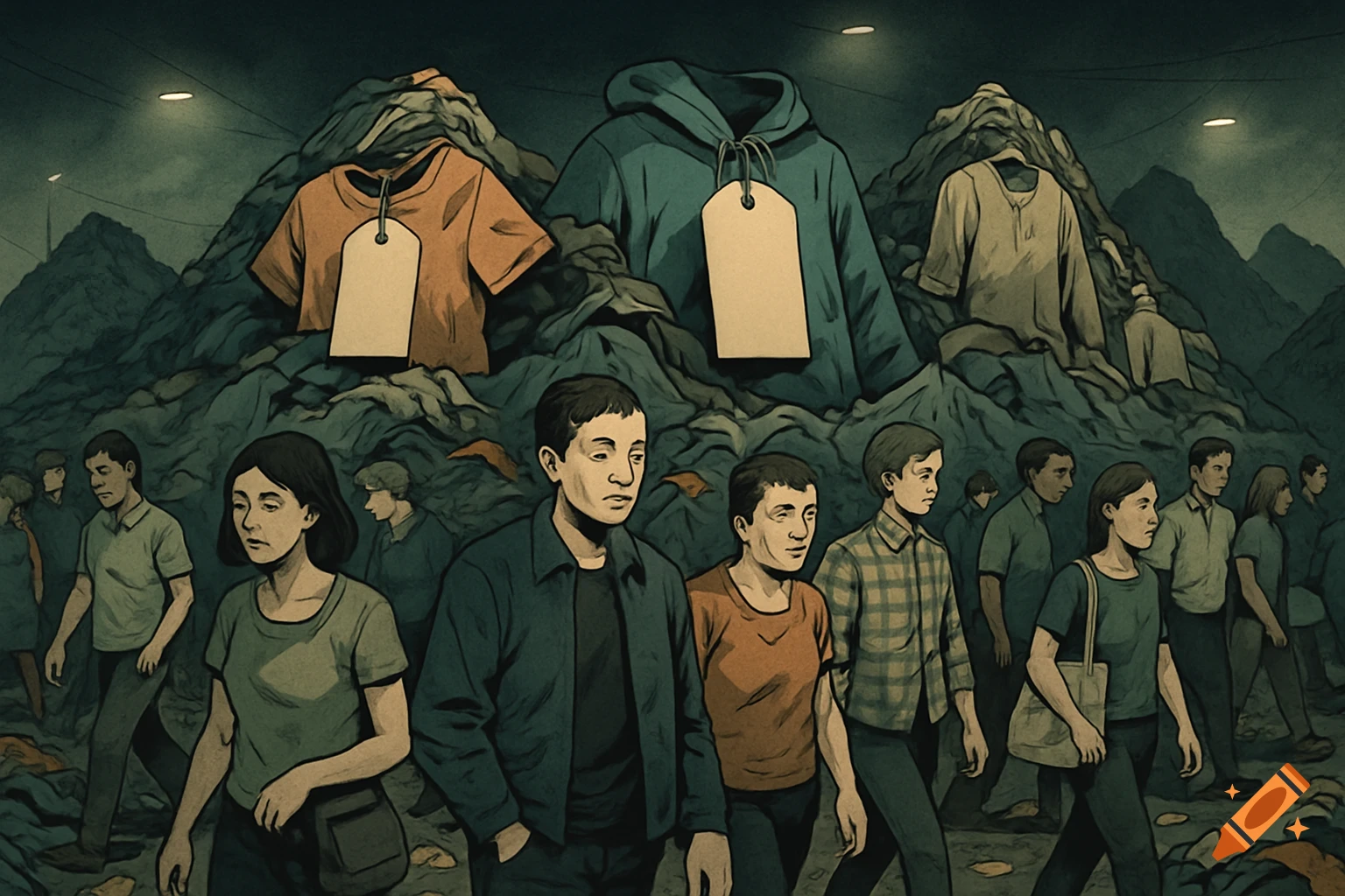 Stylized illustration of people walking past massive piles of discarded clothes, some with large blank price tags, under a dim sky.