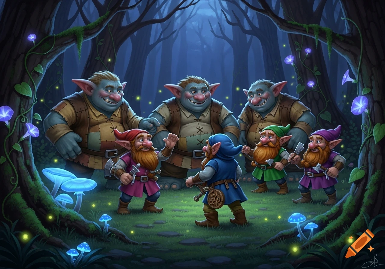 Three large blue-skinned trolls observe three small bearded dwarves in a magical, glowing forest at night, surrounded by luminous blue mushrooms and purple flowers.