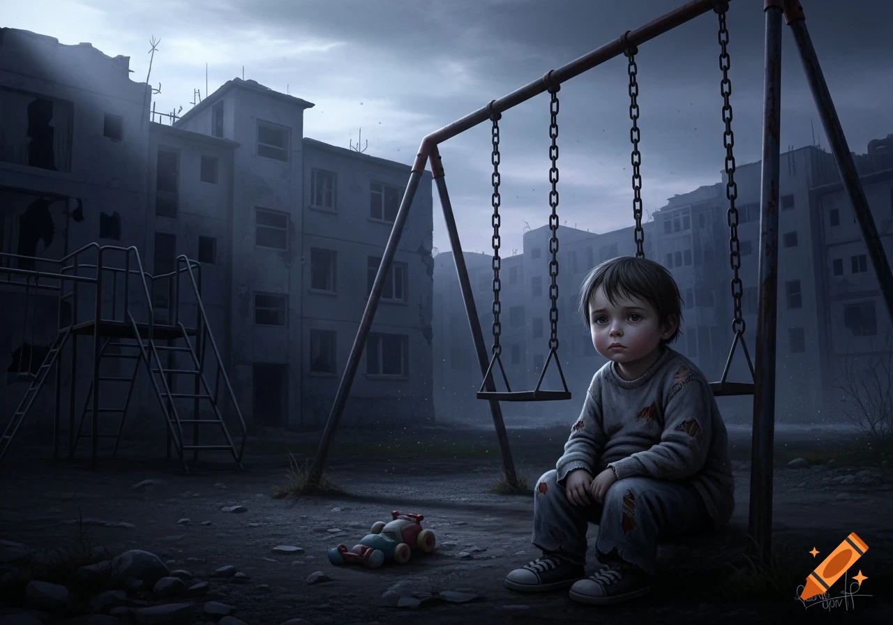 A somber, photorealistic image of a sad child sitting on a swing in a desolate, ruined playground with dilapidated buildings behind.