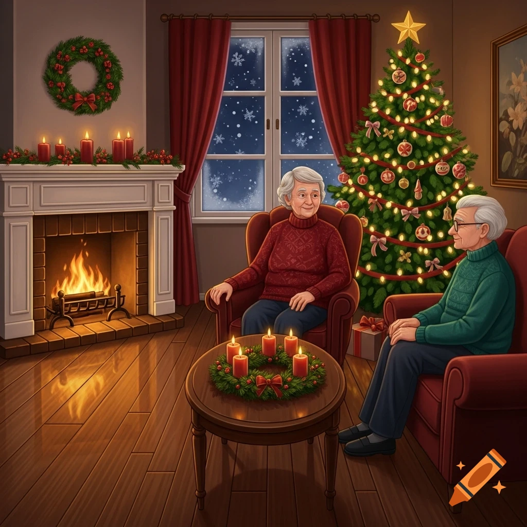 Two elderly people relax in a festive living room with a Christmas tree, a fireplace, and a snowy window view.