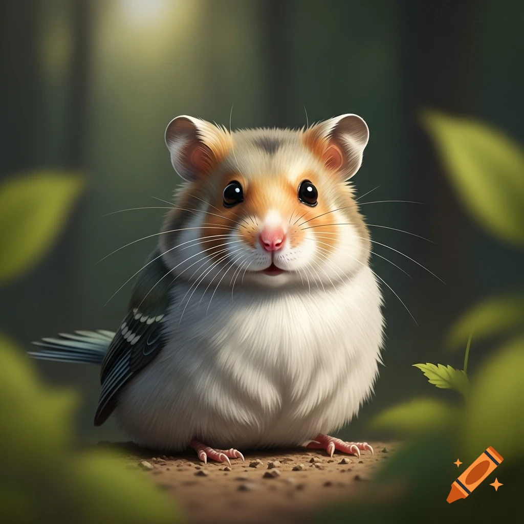 A photorealistic closeup of a cute hamster-headed bird with fluffy white feathers and brown wings, sitting on the ground in a forest.