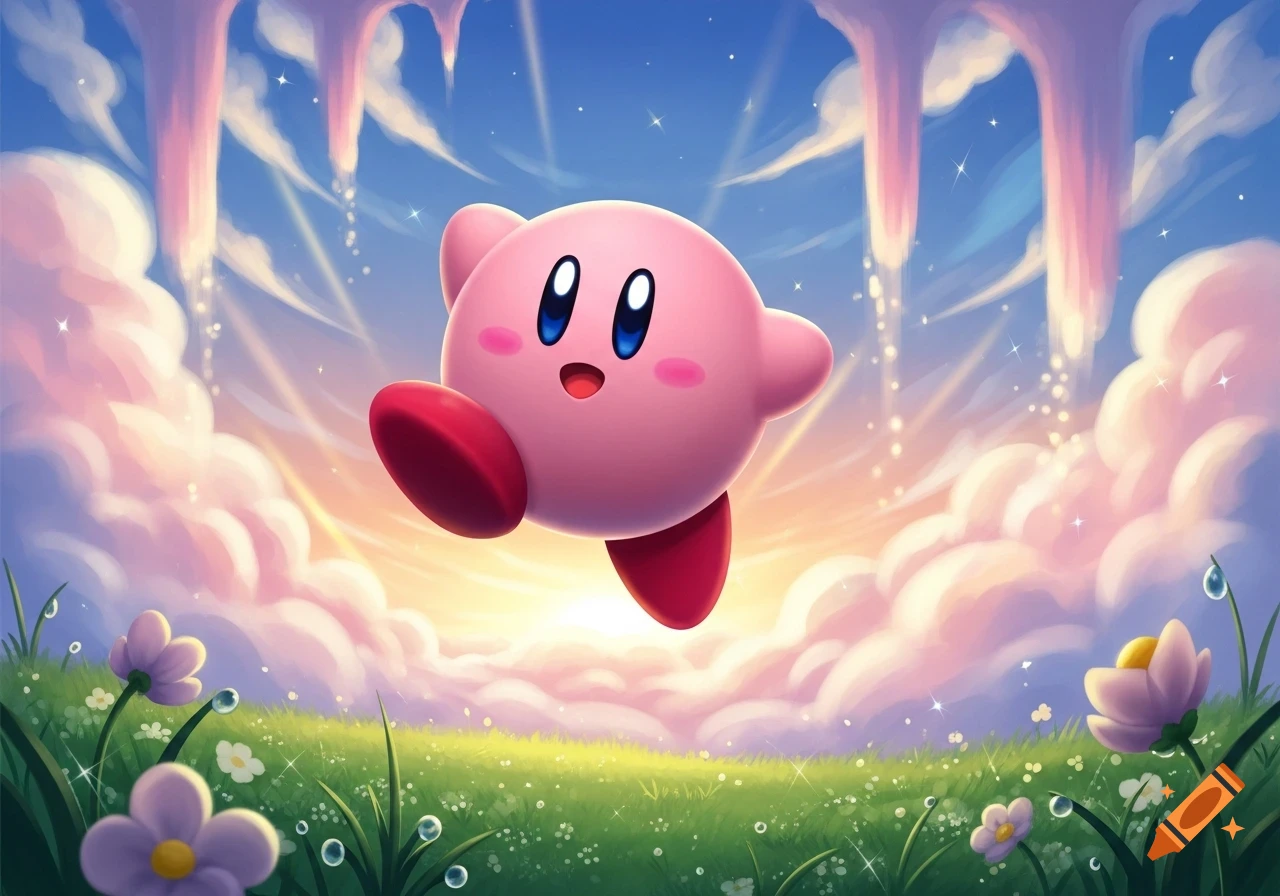 Kirby floats happily over a sparkling green field with purple and white flowers under a pink and blue sky with wispy clouds and glowing arches.
