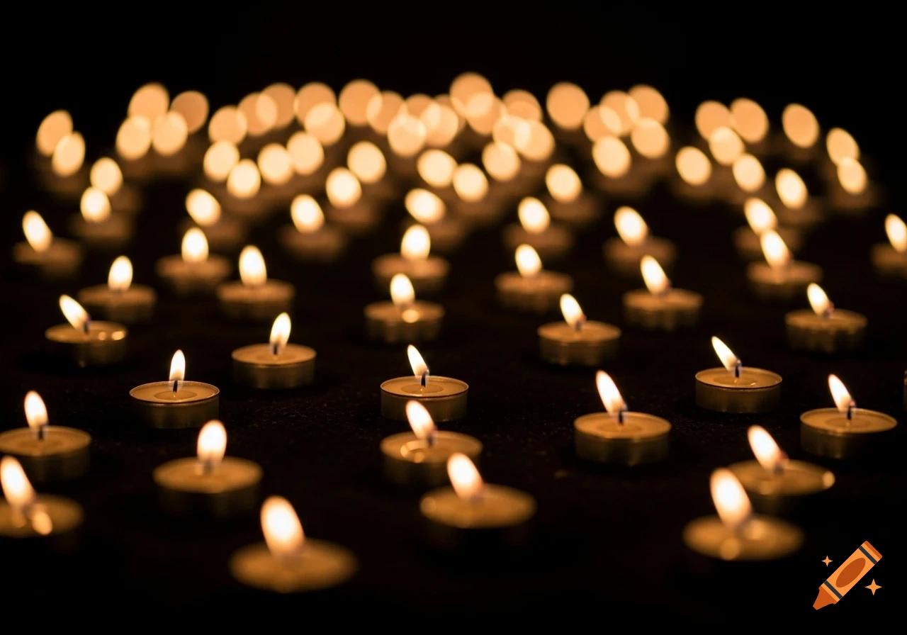 Close-up of numerous lit tea light candles on a dark surface, with glowing bokeh lights in the blurred background.