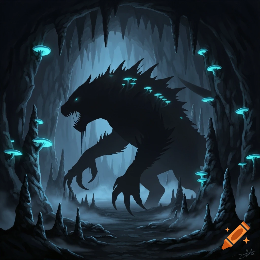 Digital painting of a shadowy, kaiju-like monster with glowing eyes and bioluminescent mushrooms in a dark, stalactite-filled cave.