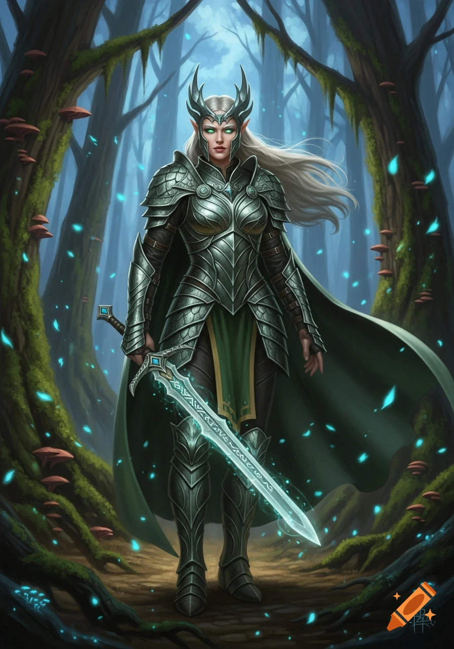A powerful elf warrior in scaled armor with a glowing sword stands in a magical, blue-lit forest.