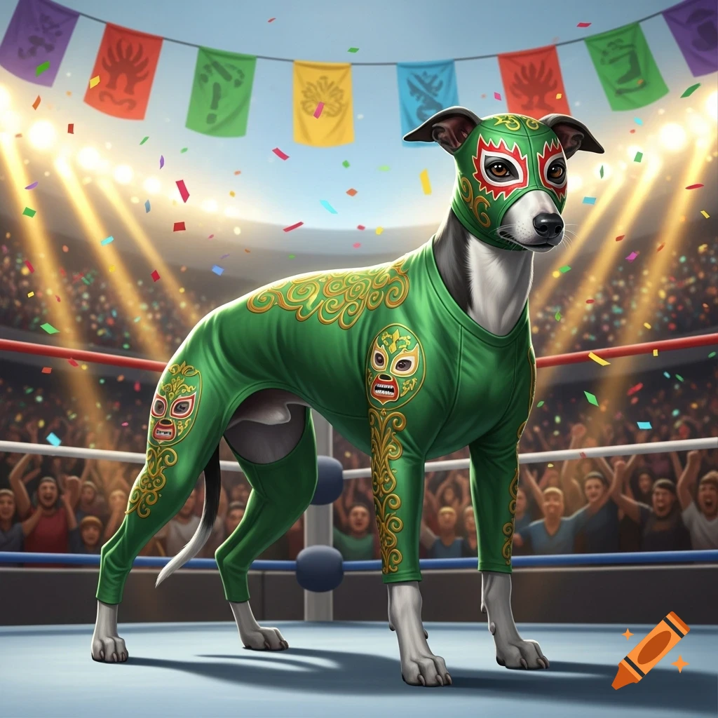 A whippet dog in a green Lucha Libre wrestling outfit and mask stands in a ring with confetti and cheering fans.