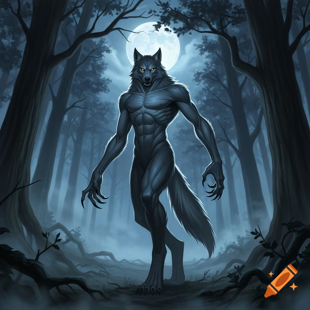 A muscular, grey humanoid werewolf with glowing yellow eyes stands under a full moon in a dark, misty forest, digital art.