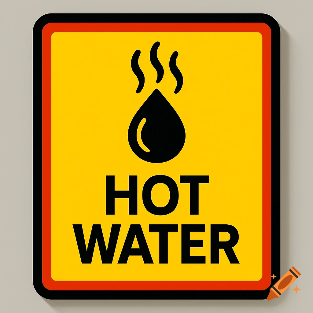 A yellow square sign with a black border and a red inner border, featuring a black droplet icon with steam above it, and the words 'HOT WATER' in bold black letters below.