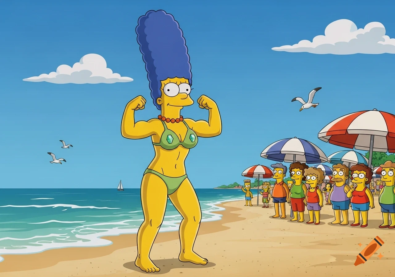 Marge Simpson from The Simpsons flexing muscular arms in a green bikini on a sunny beach, with cartoon characters and umbrellas behind her.