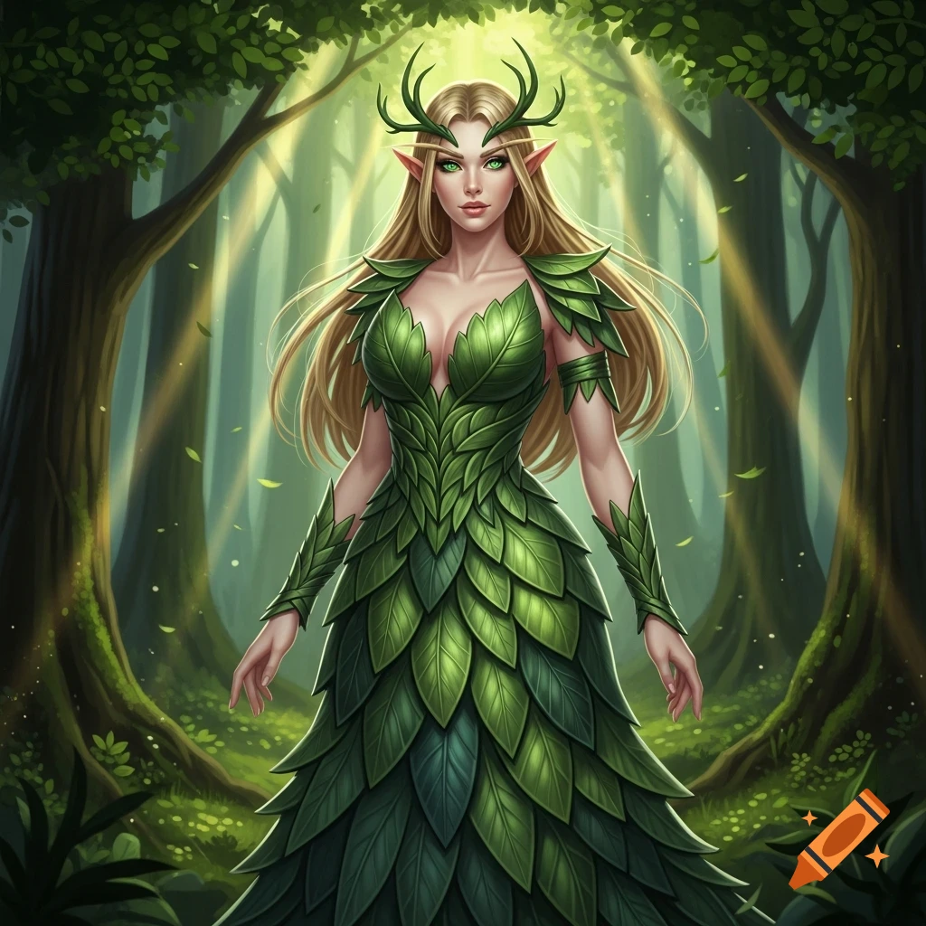 A fantasy elf woman with blonde hair, green eyes, and antlers, wearing a leaf dress, stands in a sunlit forest.