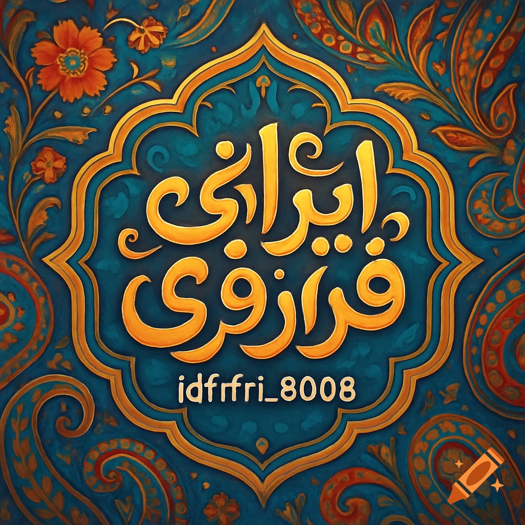 Golden Persian script 'ایرانی فرفری' and 'idfrfri_8008' in an ornate frame on a teal background with floral and paisley patterns.