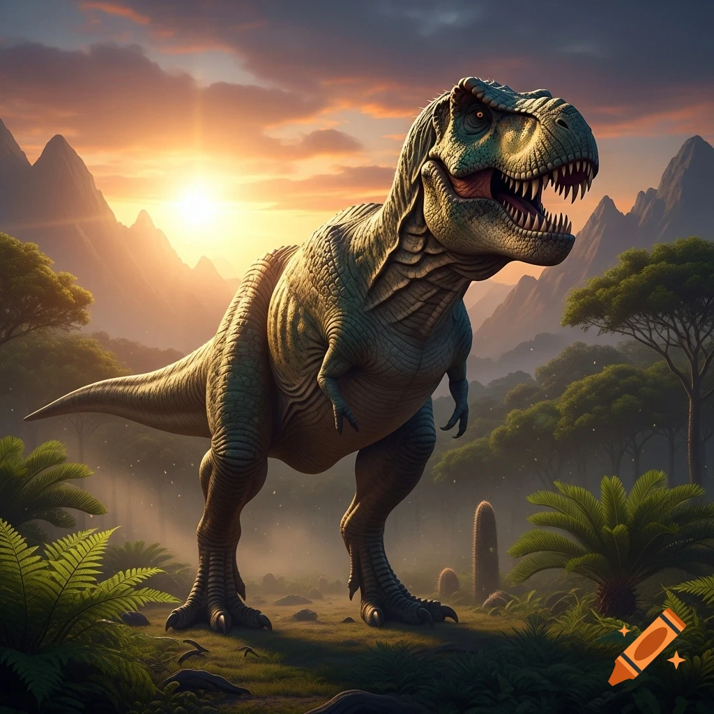 A majestic T-Rex stands roaring in a lush prehistoric jungle with mountains under a vibrant sunset.