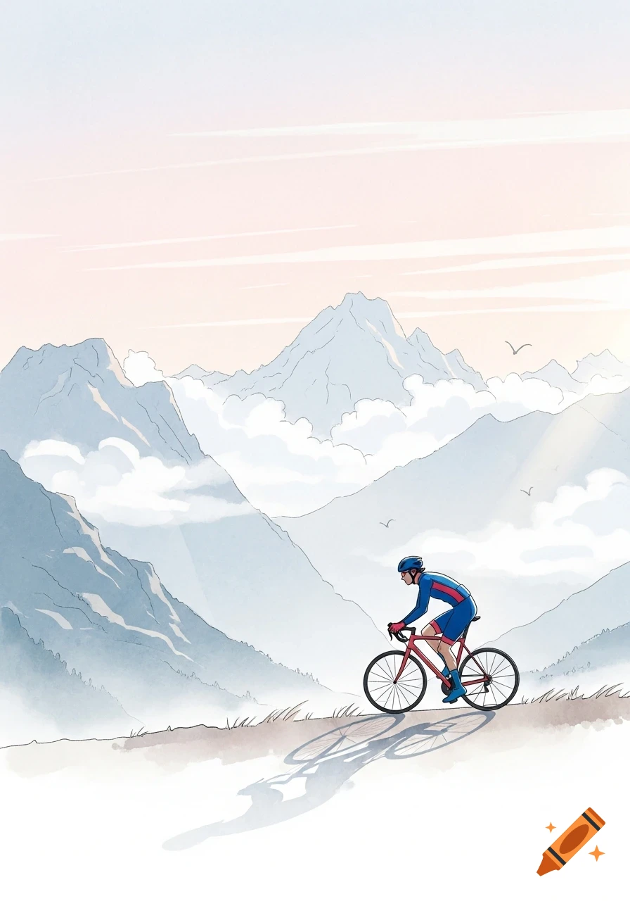 A watercolor illustration of a cyclist on a red road bike in misty mountains under a warm sky.