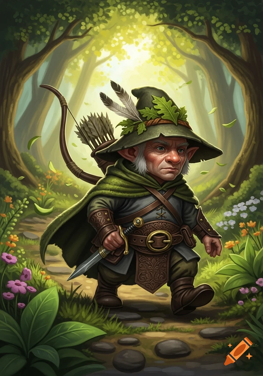 A fantasy gnome ranger in a green hat and cloak, holding a dagger and carrying a bow and quiver, walks through a sunlit forest.