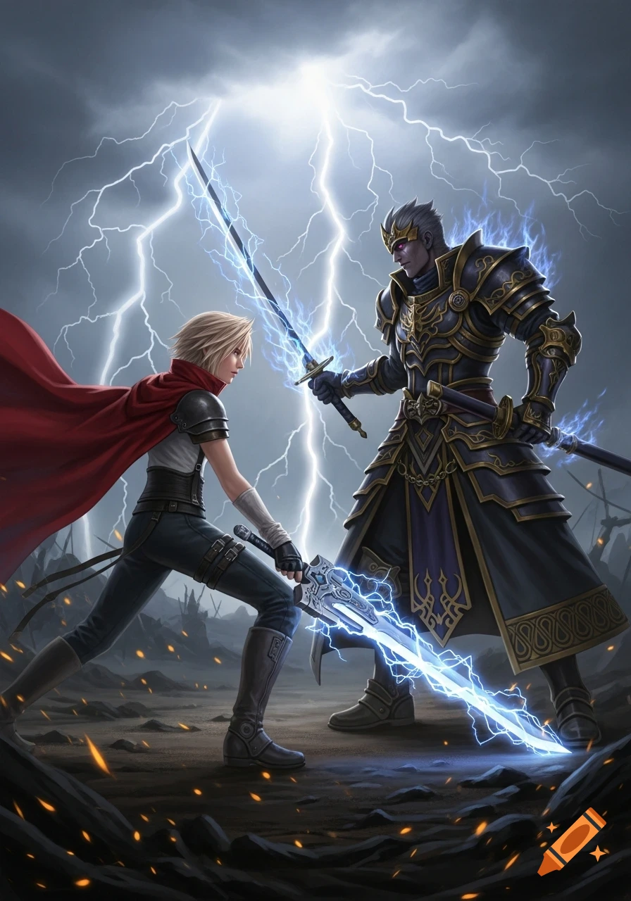Two armored fantasy warriors with glowing swords face off under a lightning storm on a desolate battlefield.
