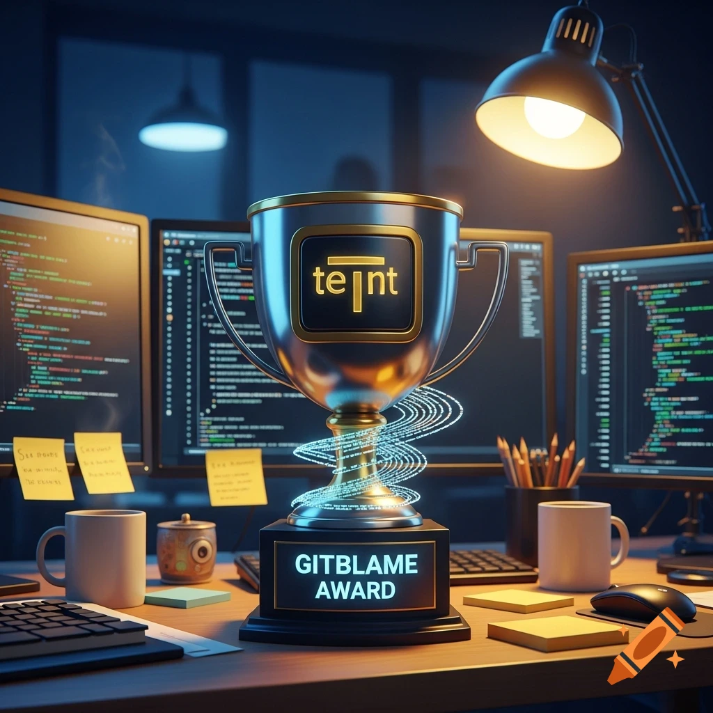 A shiny silver and gold trophy with the words "GITBLAME AWARD" on its base, centered on a desk with computer monitors displaying code, a lamp, and coffee mugs. Blue and white glowing data lines swirl around the trophy.