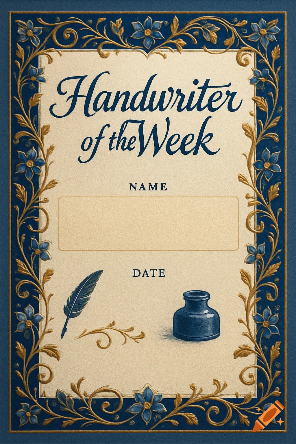 A 'Handwriter of the Week' certificate with an ornate blue and gold floral border, a quill, and an inkwell.