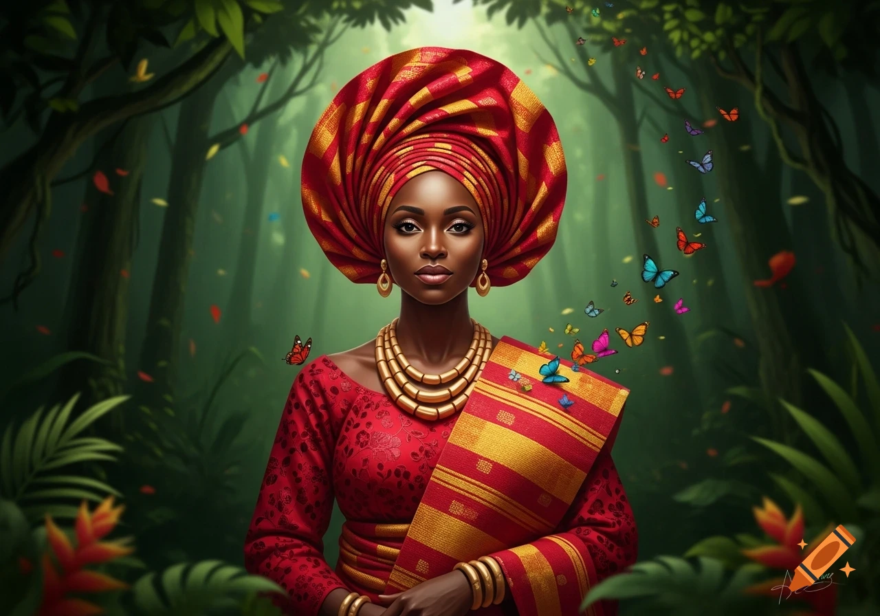A beautiful Yoruba woman in a red and gold traditional outfit and headwrap, surrounded by colorful butterflies in a lush green forest.