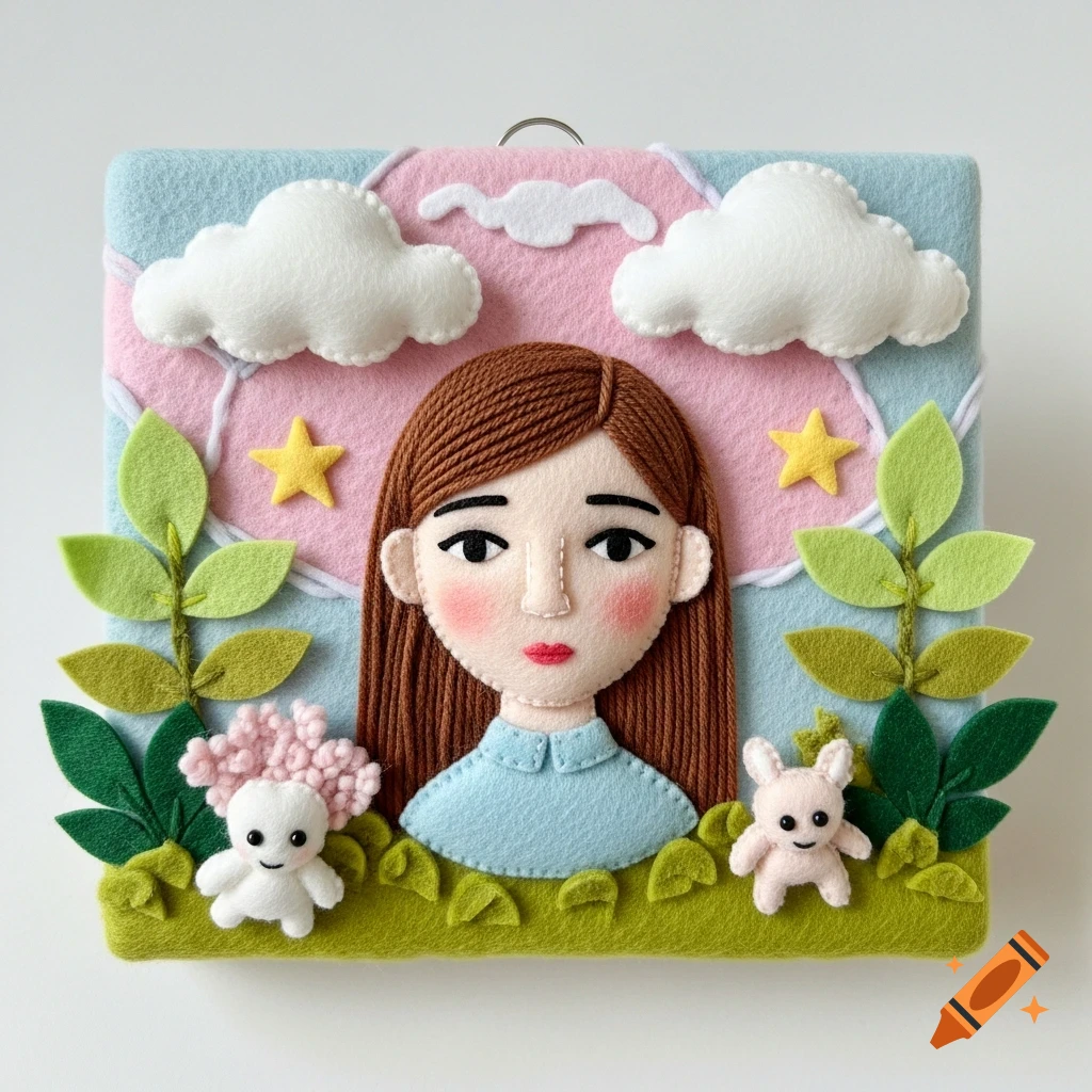 Handmade felt and yarn diorama featuring a stylized woman with brown hair, clouds, stars, felt leaves, and small creatures, on a pastel background.