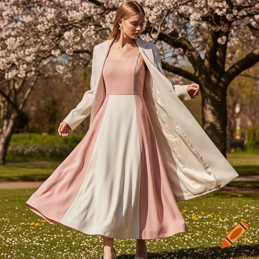 A woman in a pink and white sundress and light coat standing in a park with cherry blossoms, photorealistic.