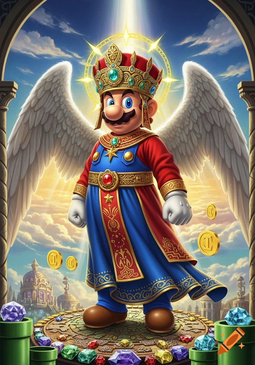 Mario depicted as a majestic, angelic king with wings, golden crown, and an ornate blue and red robe, standing on a tiled platform surrounded by gems and coins, under a bright, cloudy sky with a distant castle.