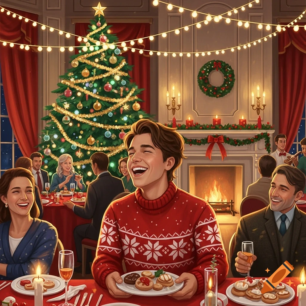 Illustrated scene of diverse people laughing and celebrating at a Christmas party with a decorated tree, fireplace, and string lights.