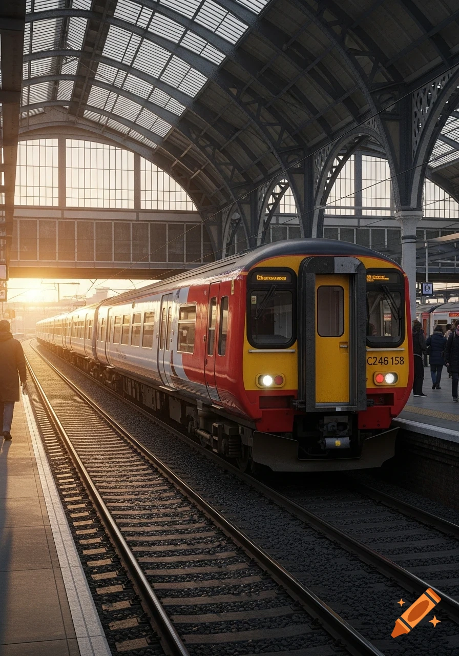A red and yellow train waits at a station platform during sunrise, with a person walking away from it. The station has a grand arched glass roof.