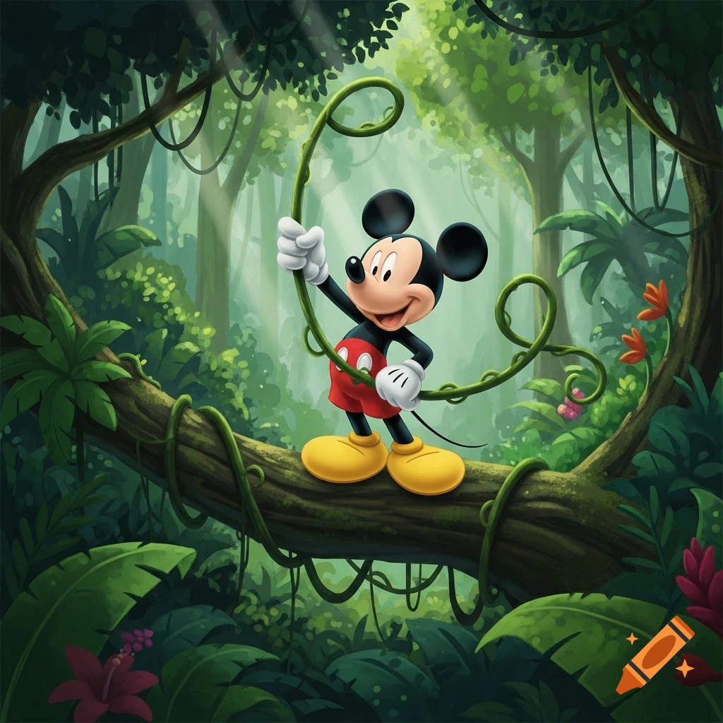 Mickey Mouse stands on a tree limb, holding a green vine, in a lush, sunlit cartoon jungle.