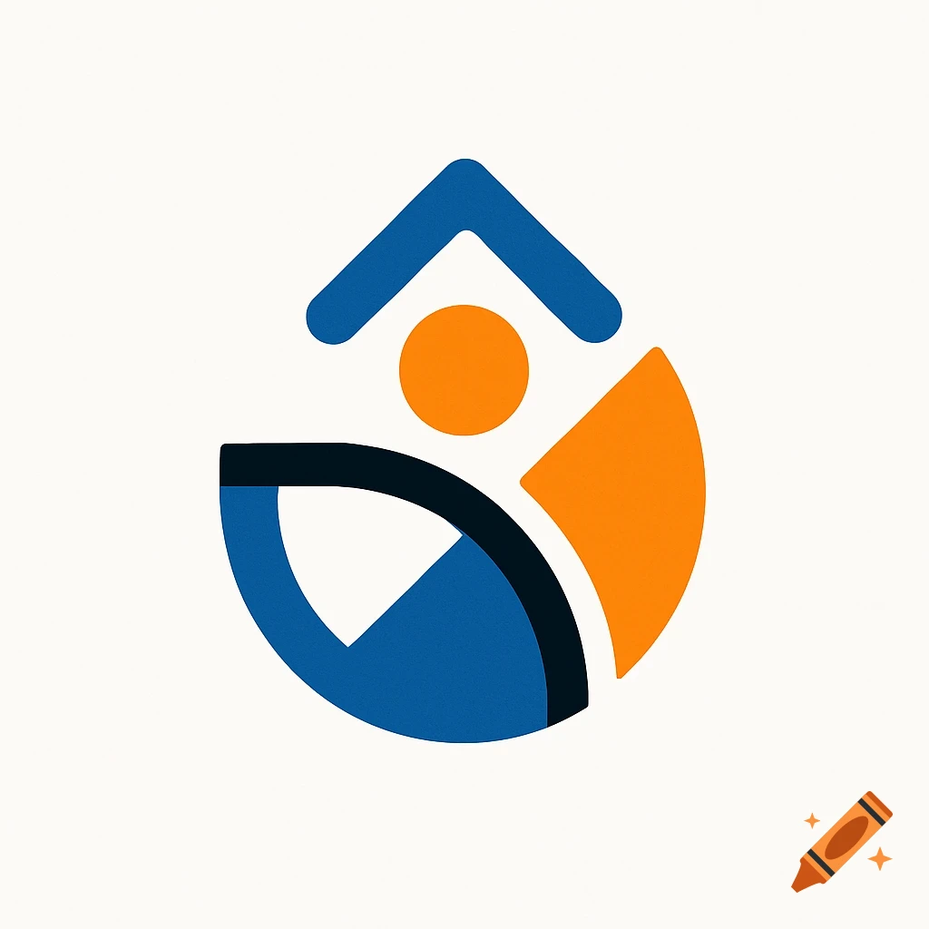 A minimalist logo with abstract blue, orange, and dark grey shapes on a white background. The design includes an upward-pointing blue arrow resembling a roof, an orange circle, and curved forms suggesting a person or growth.