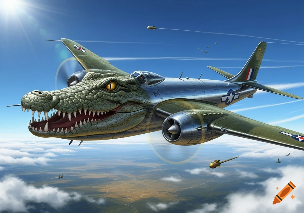 A detailed illustration of a fantastical bomber plane with a green crocodile head, flying high in a blue sky with missiles.