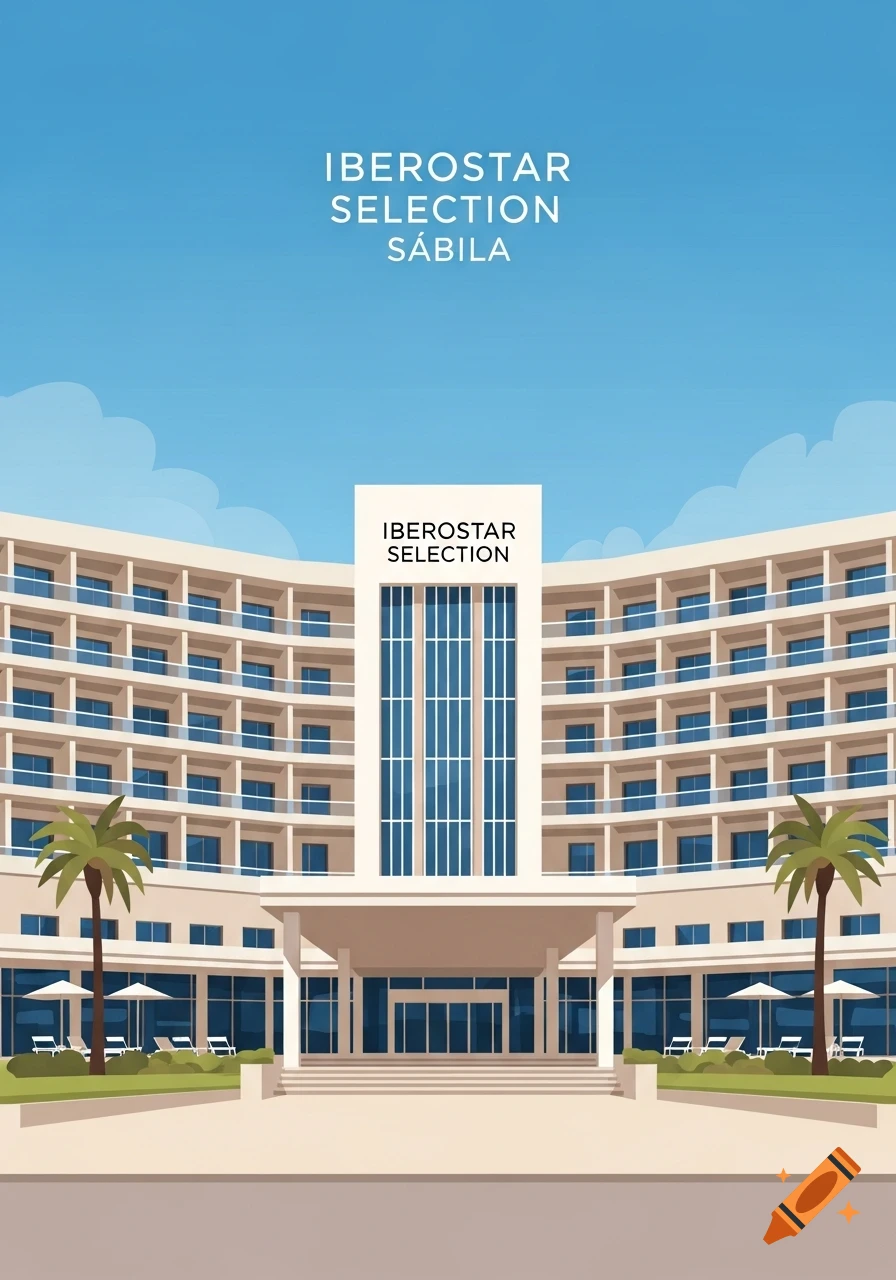 Stylized illustration of a large, curved hotel facade with balconies, an entrance, palm trees, and text "IBEROSTAR SELECTION SÁBILA" under a blue sky.