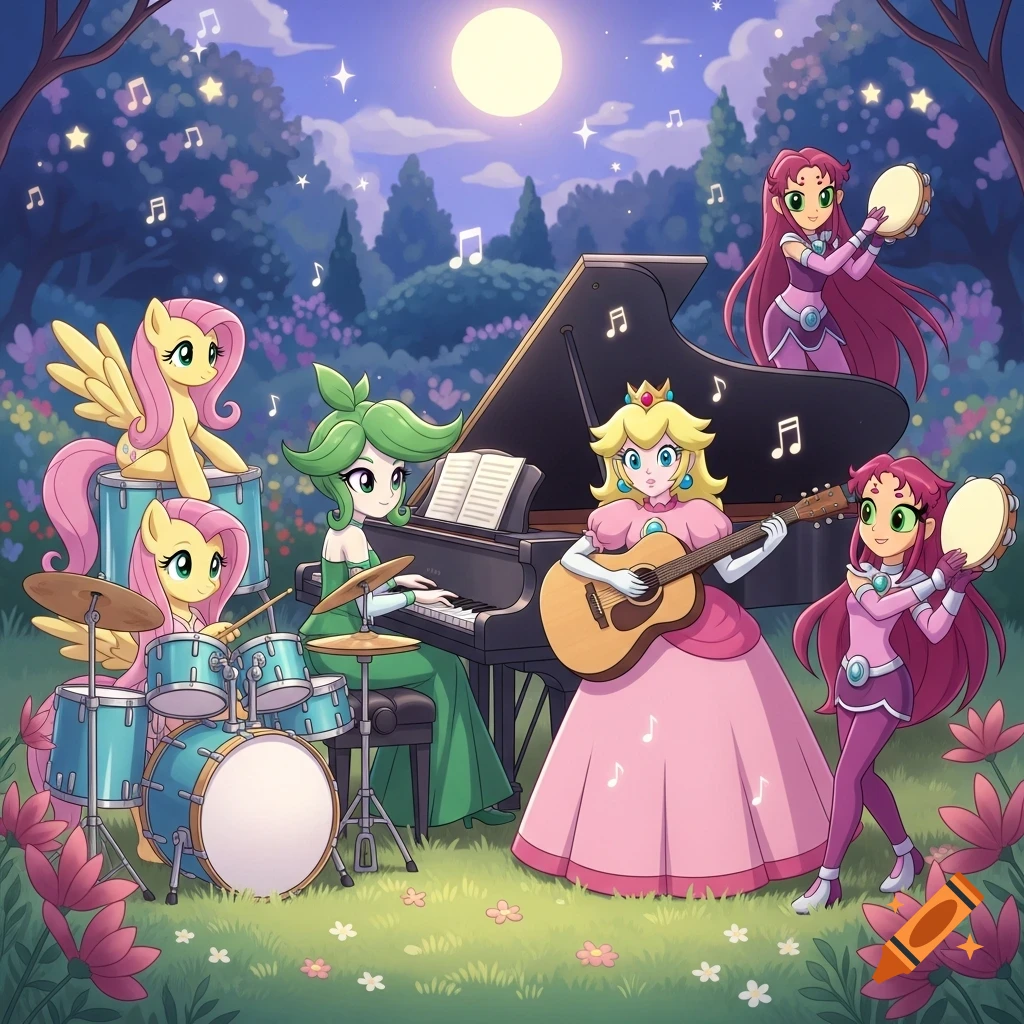 Cartoon characters Fluttershy, Cosmo, Princess Peach, and Starfire play drums, piano, guitar, and tambourine respectively, in a moonlit fantasy forest with musical notes floating around.