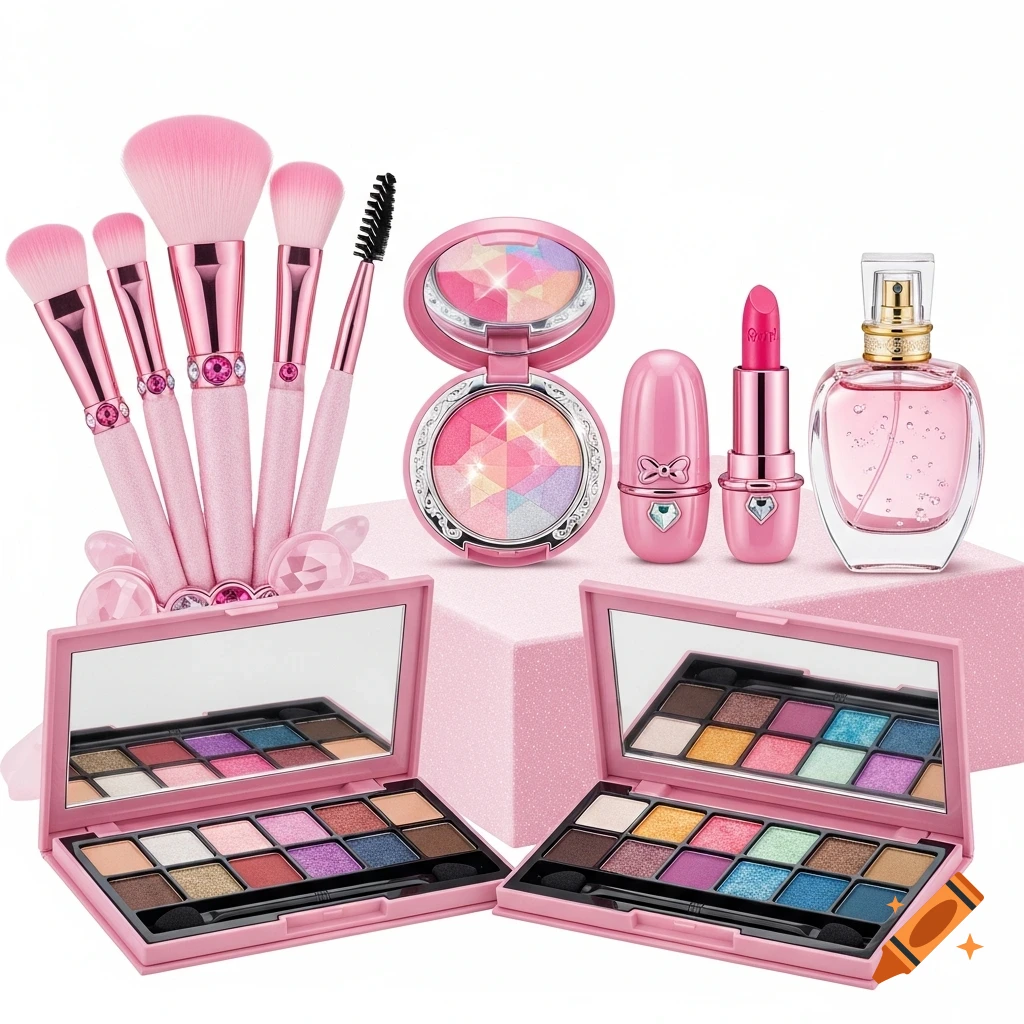 A collection of pink cosmetics including makeup brushes, two eyeshadow palettes, a blush compact, a lipstick, and a perfume bottle on a light pink background.