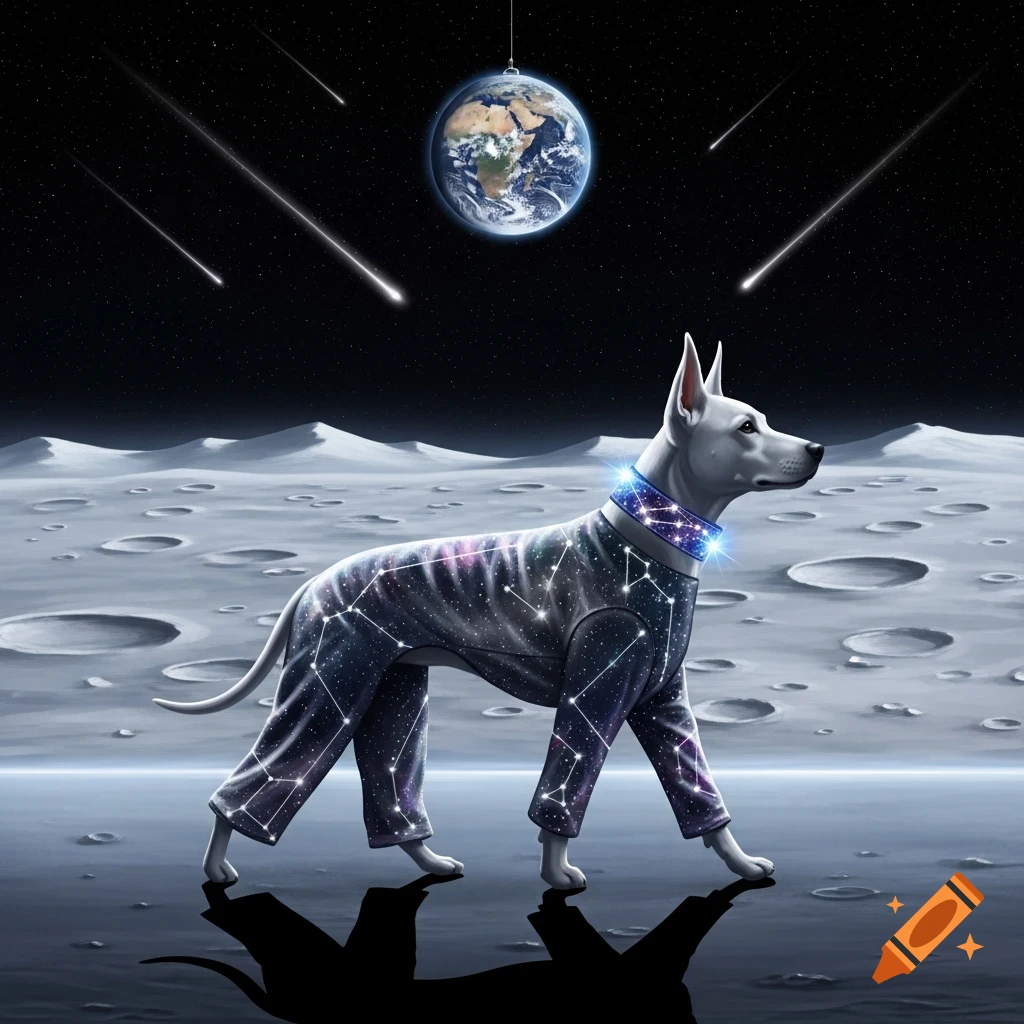 A white dog in a galaxy-patterned suit and glowing collar stands on the moon's surface, with Earth and shooting stars in the night sky.