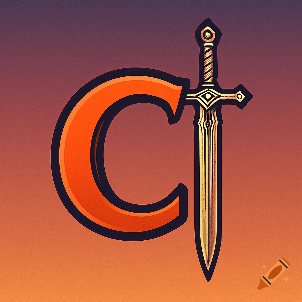 A stylized orange letter C with a golden sword vertically positioned behind it, all set against a gradient background.