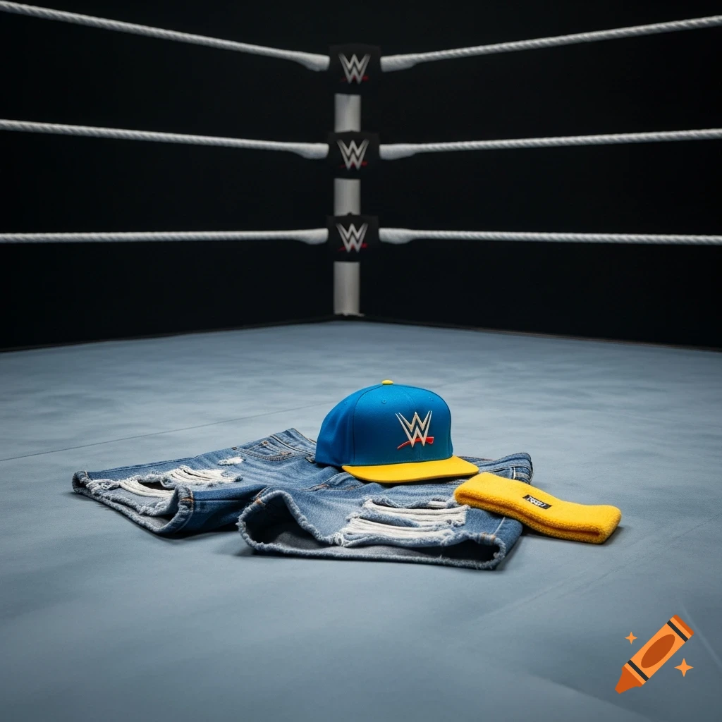 A blue and yellow baseball cap, ripped denim shorts, and a yellow sweatband lie on the canvas of a wrestling ring.
