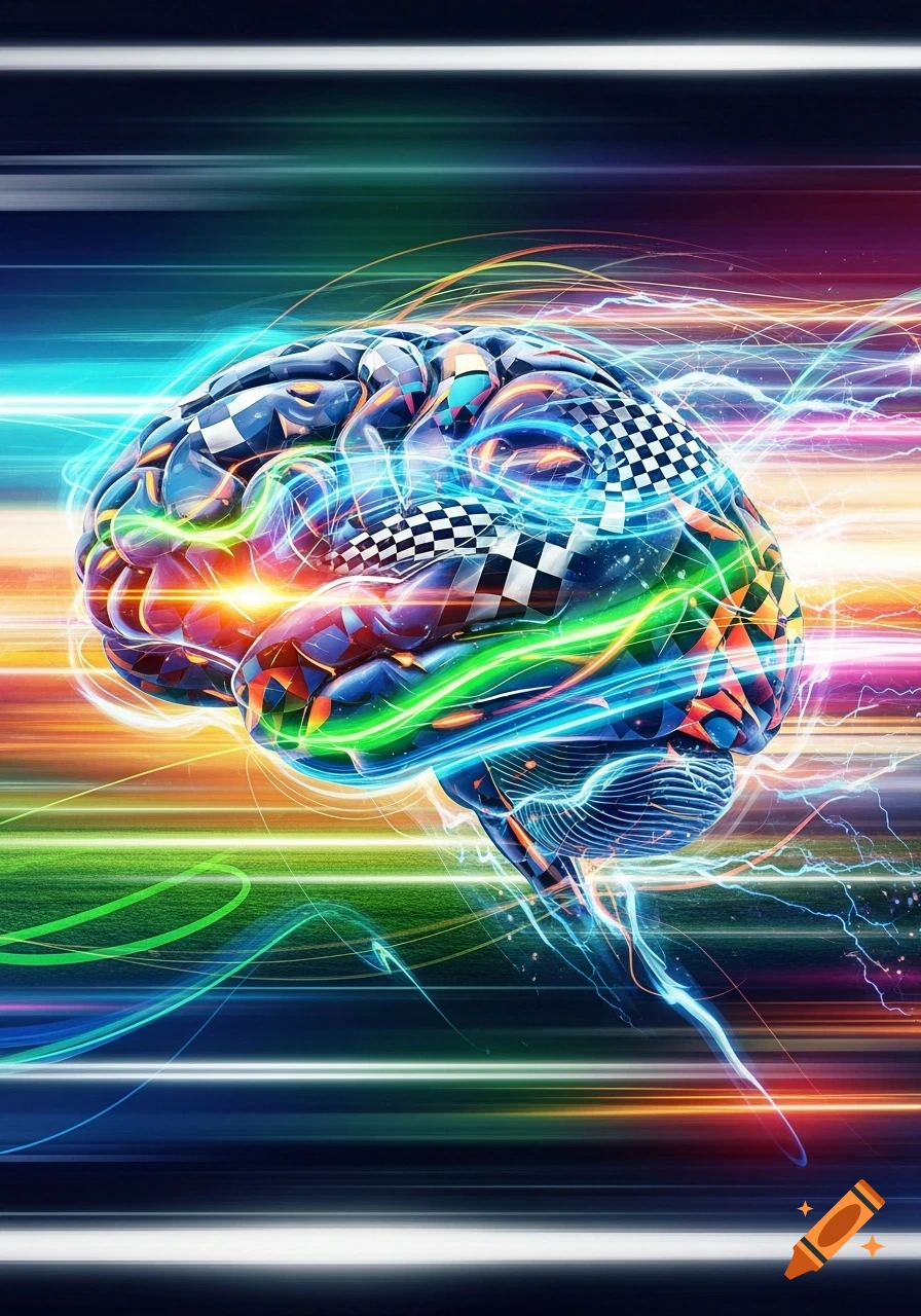 Vibrant, abstract human brain featuring checkerboard patterns, glowing lines, and bright energetic streaks against a colorful, blurred background, suggesting speed or intense thought.