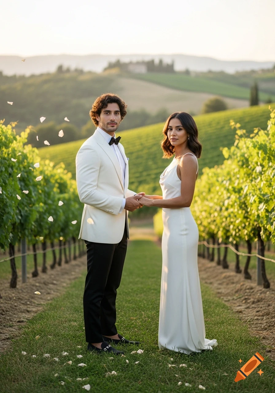 A couple in wedding attire holding hands in a sunny vineyard at sunset, with rose petals falling around them.