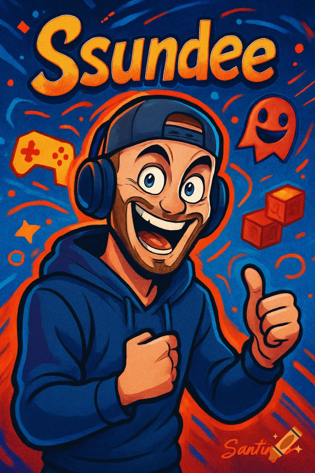 Cartoon fan art of a bearded man with a cap and headphones, smiling and giving a thumbs up, with text 'Ssundee' above and 'Santhiago' as a signature. Gaming elements surround him.