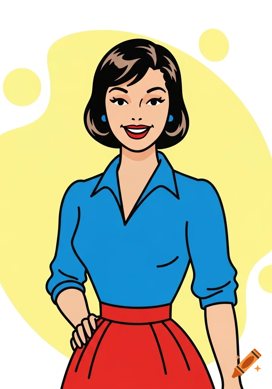 A smiling woman in a blue shirt and red skirt, depicted in a pop art illustration style against a yellow background.