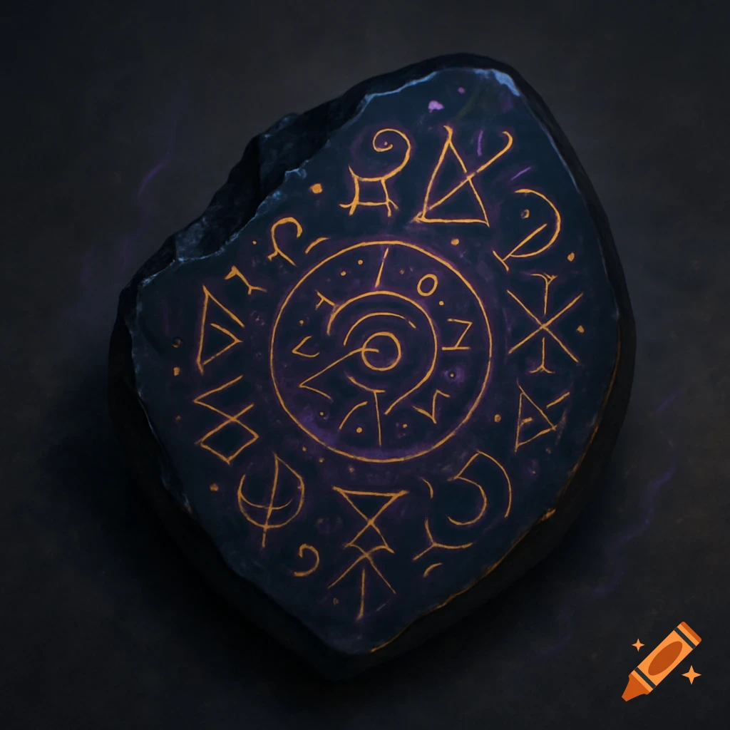 A dark, irregularly shaped obsidian fragment etched with intricate, glowing gold and violet arcane runes.