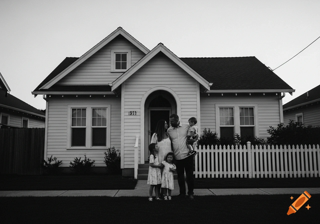 Black and white photo of a family of five standing in front of a white house with a picket fence.