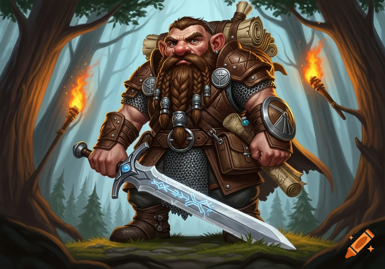 A rugged fantasy dwarf warrior with a braided beard, armored in leather and chainmail, holding a glowing runic greatsword in a forest.