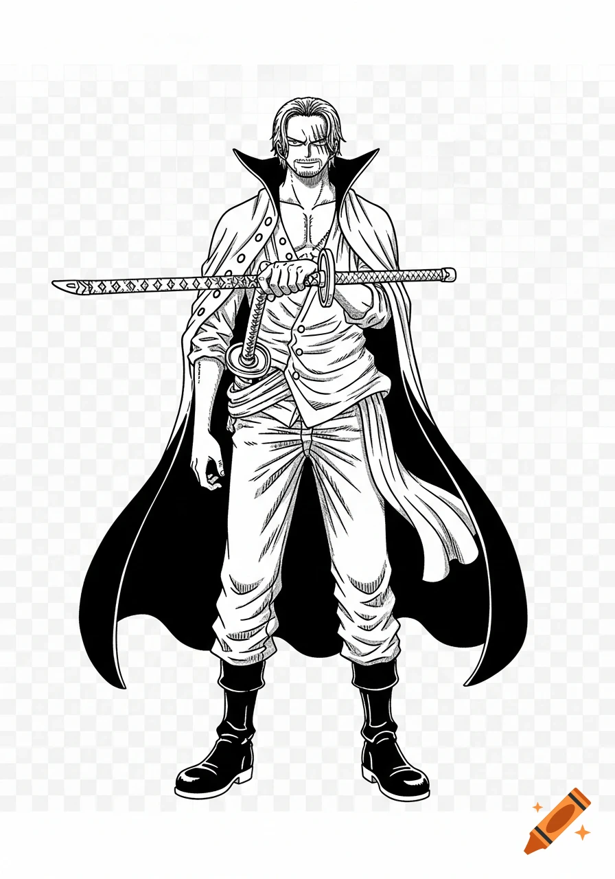 Shanks from One Piece in detailed black and white line art, full body, standing with a sword, wearing a cape and open shirt on a transparent background.