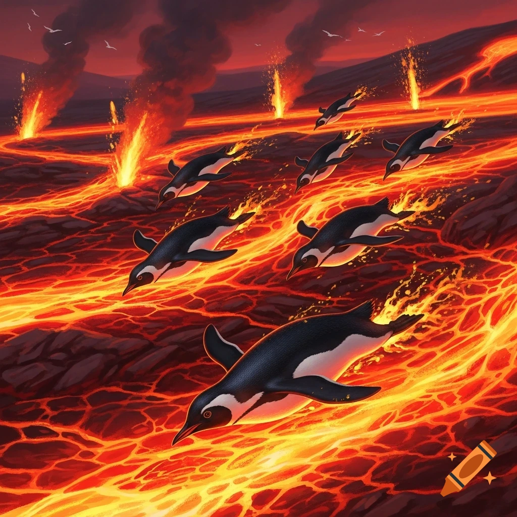 Penguins glide through glowing orange and red lava flows with volcanic eruptions in the background, under a dark red sky.